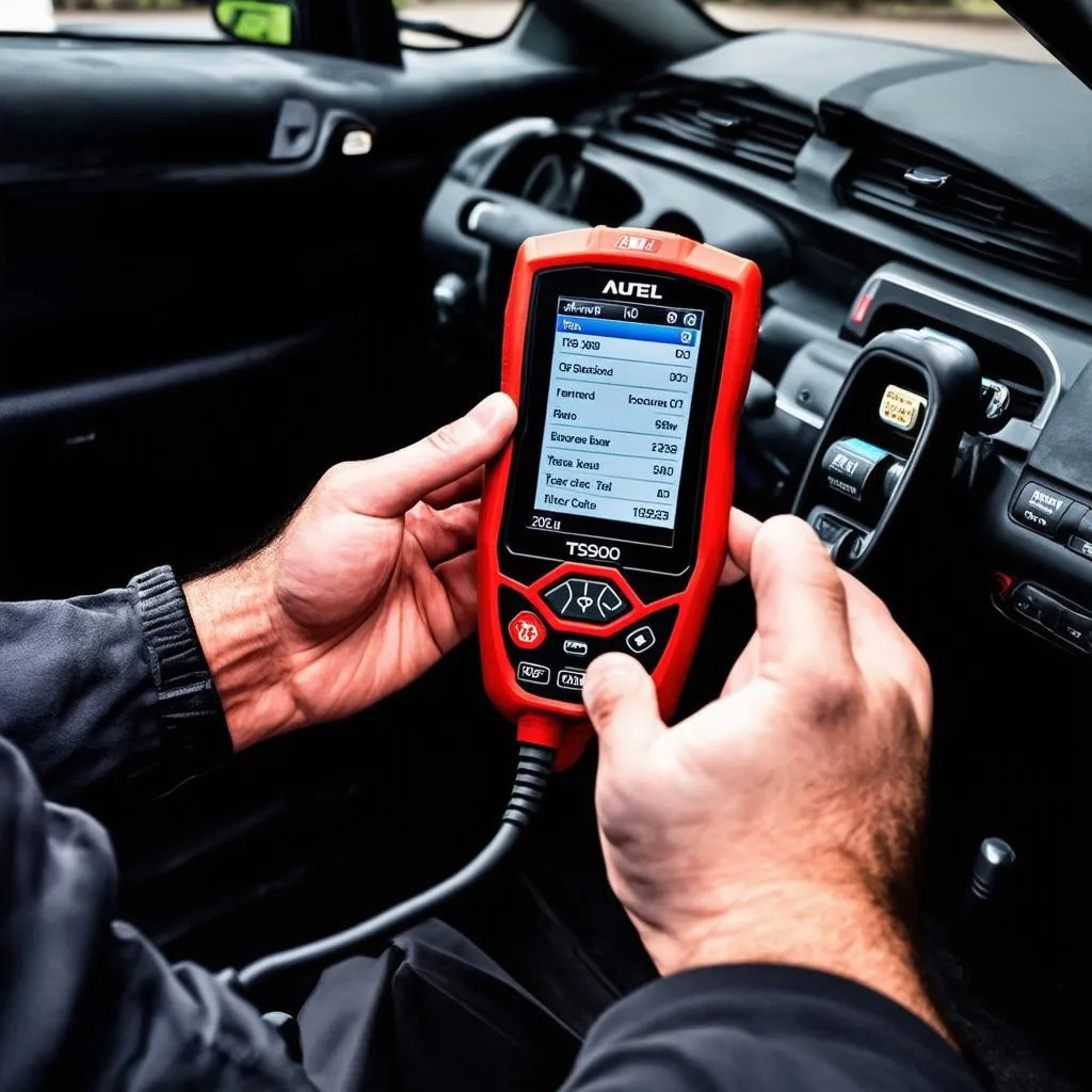 Autel TS900 being used to diagnose a European car