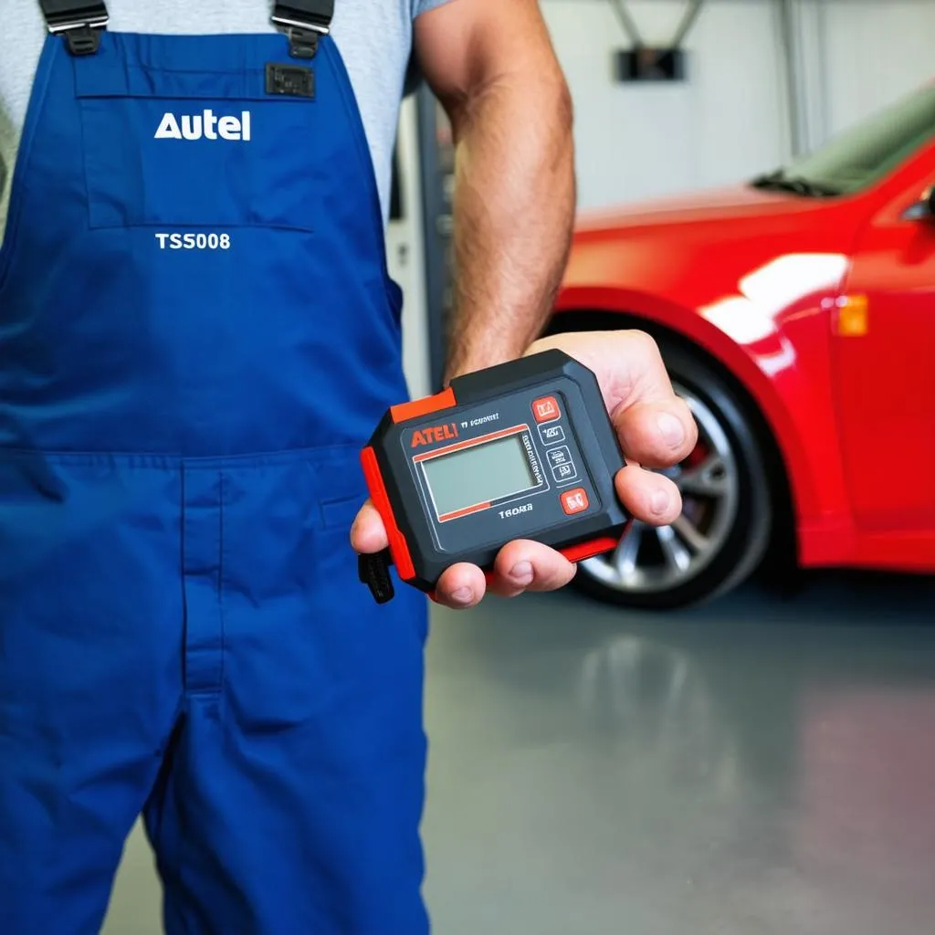 Mechanic holding Autel TS508