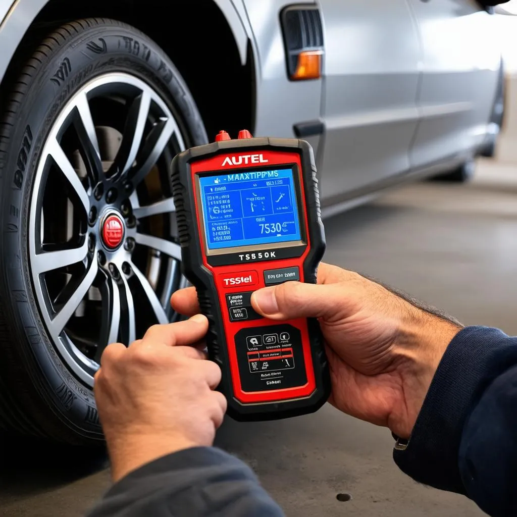 mechanic using the autel ts508k to program a tpms sensor