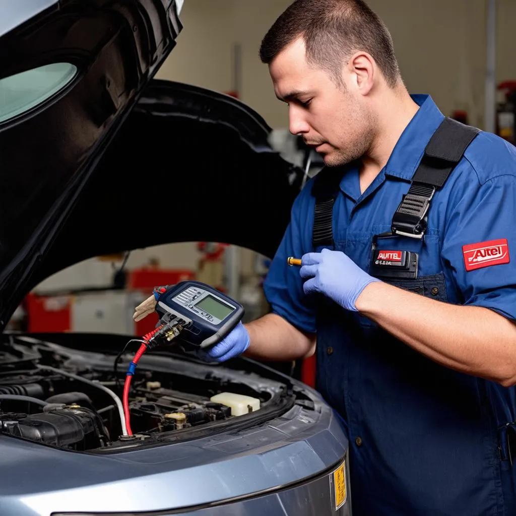 A mechanic troubleshooting an Autel VCI