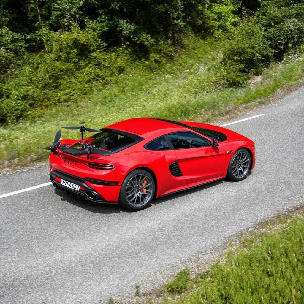 Autel X Star Premium drone capturing a red sports car driving on a mountain road