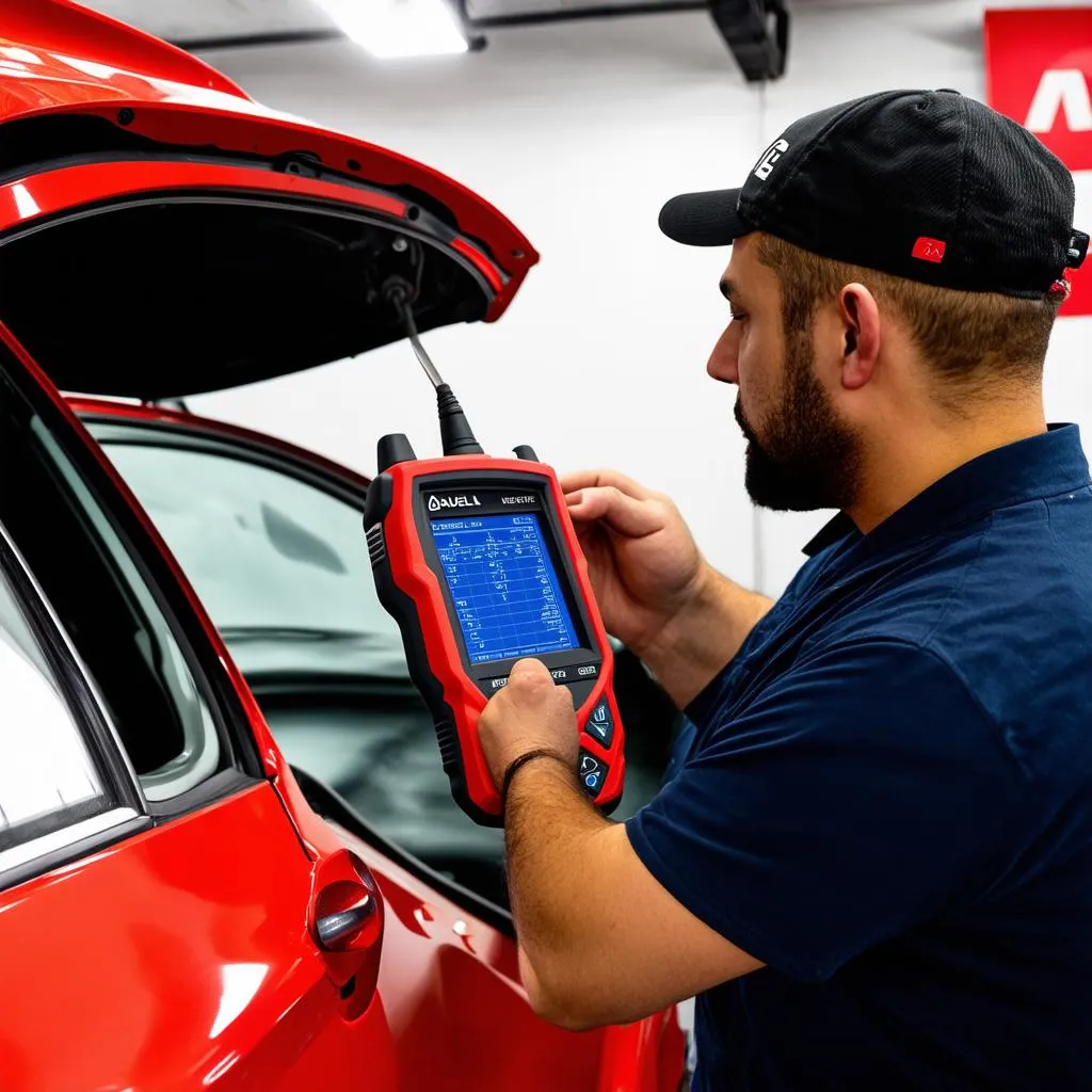 Mechanic using the Autel X-Star Premium SecureFly to diagnose a car problem