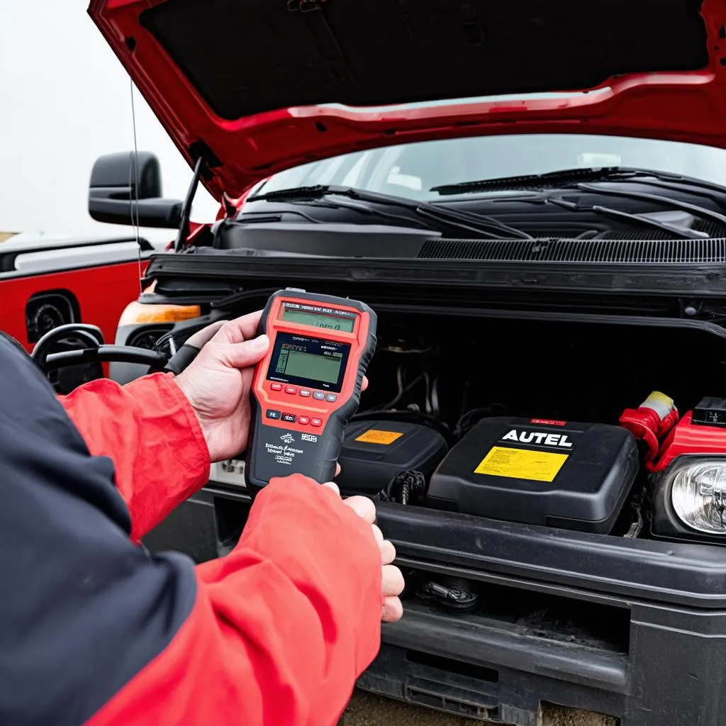 Autel Truck Diagnostic Tool Being Used for Repair