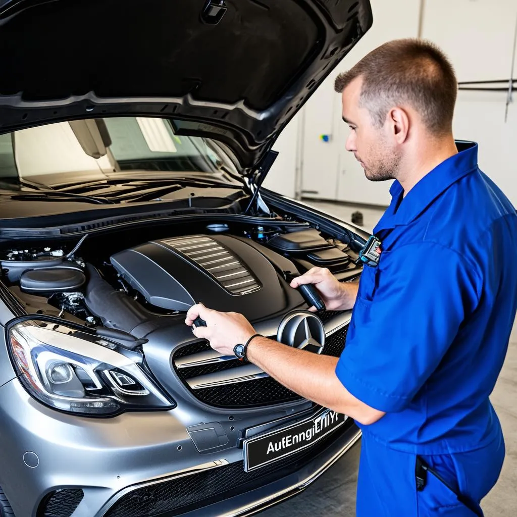 Mechanic using AutoEnginuity scan tool to diagnose a car problem