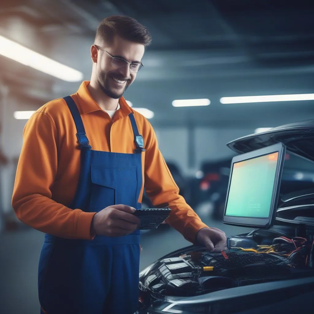 A mechanic using a diagnostic tool to program a car key