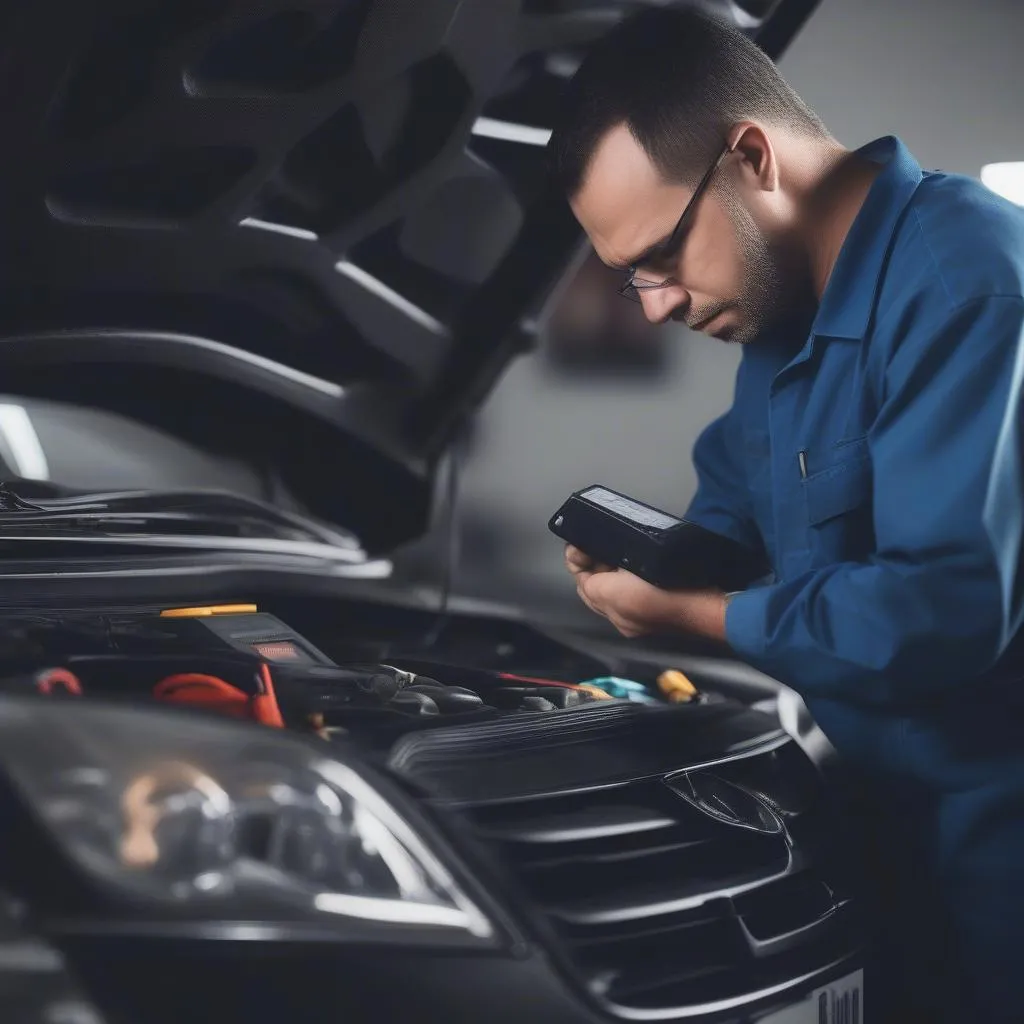 Automotive Mechanic Diagnosing Car Issue