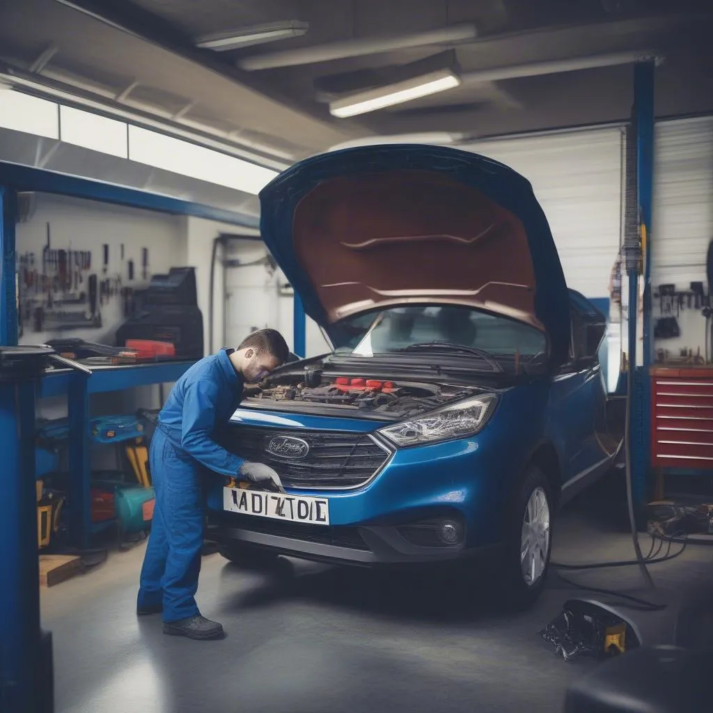 Auto Mechanic Using Diagnostic Tool on a Car