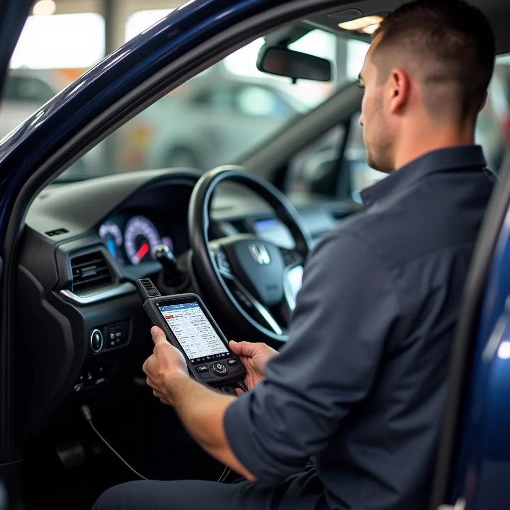 Mechanic using an auto scan tool to diagnose an issue in an Asian car