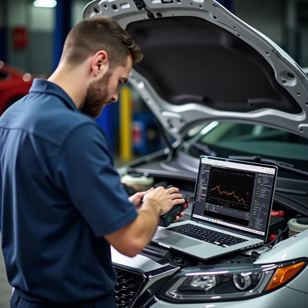 Mechanic using autoenginuity scan tool to diagnose a car engine issue