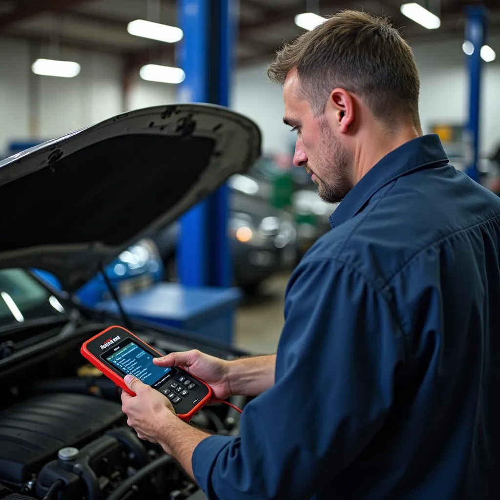 Mechanic using AutoEnginuity's scan tool to diagnose a car problem