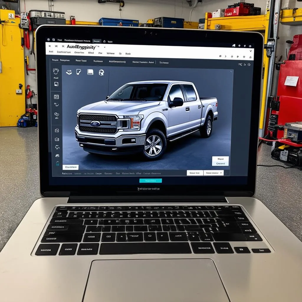 AutoEnginuity software on a laptop connected to a Ford truck