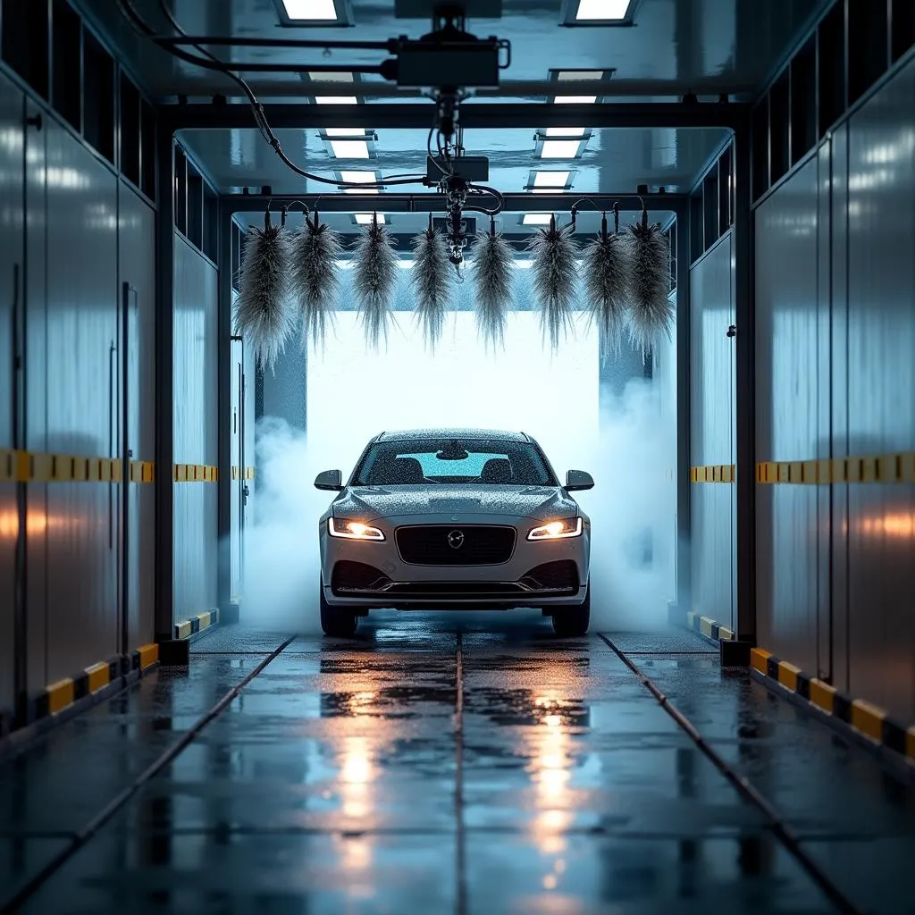 Car going through an automatic car wash tunnel