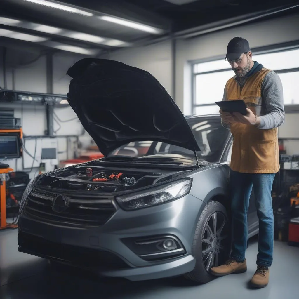 Technician Using Computer for Car Diagnostics