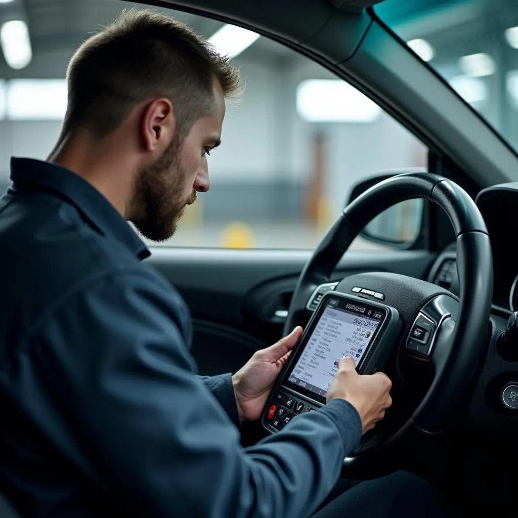 Mechanic using a diagnostic tool