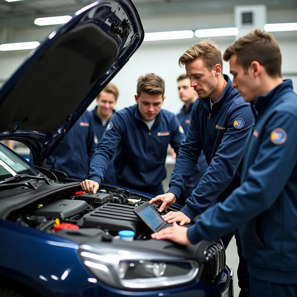 Students practicing automotive electrical diagnostics