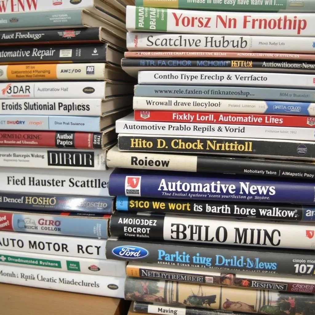 Automotive industry publications stacked on a desk