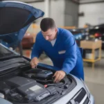 Mechanic using a scan tool to diagnose a car engine