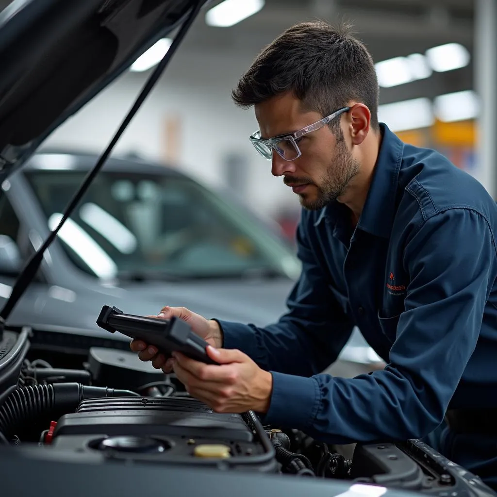 Automotive Technician Diagnosing Engine Problem