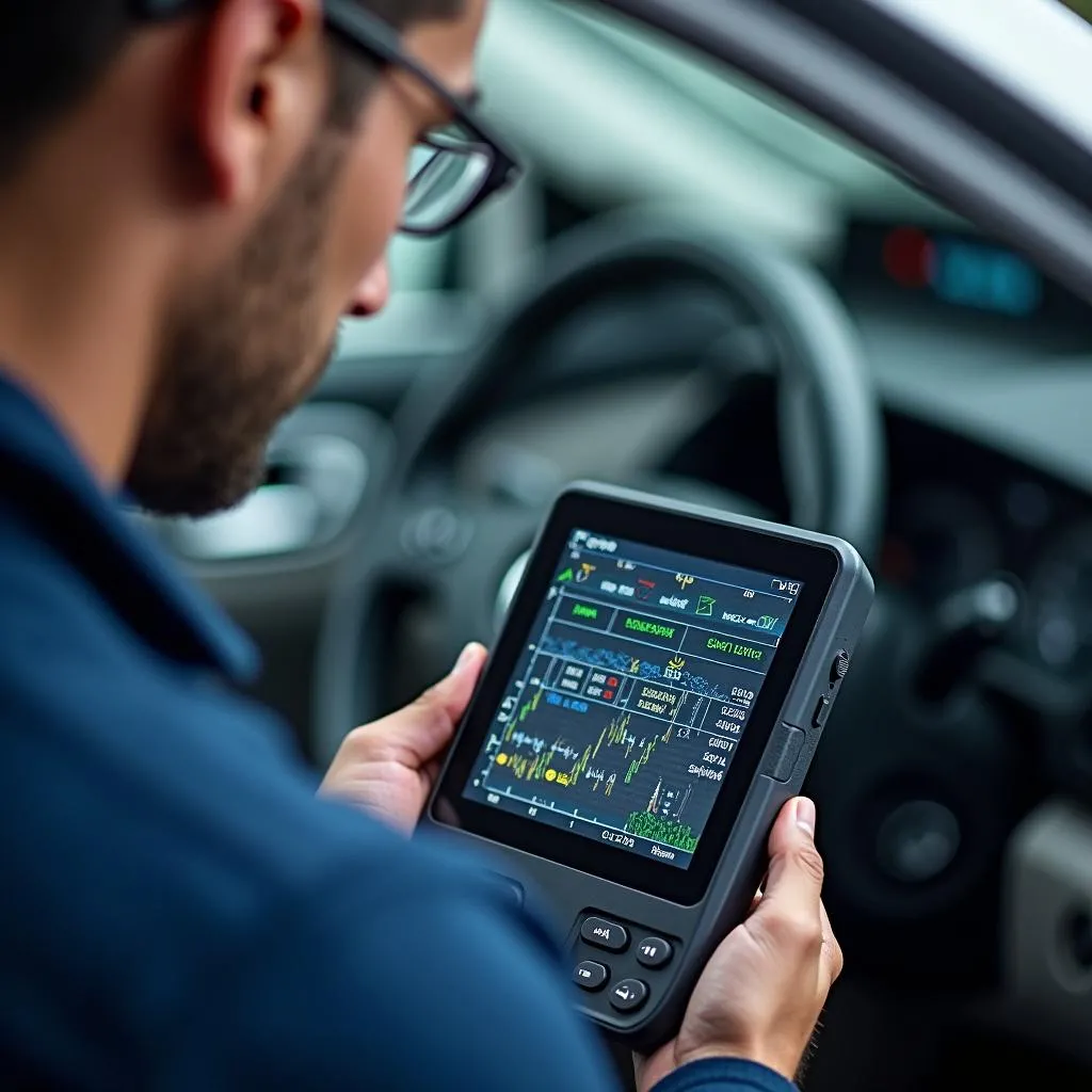 Technician Diagnosing Car with Scanner