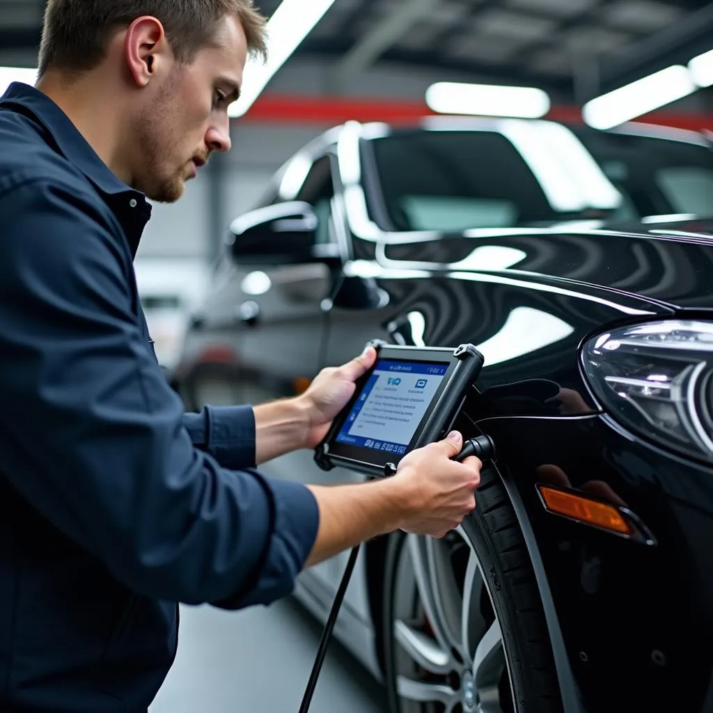 Automotive Technician Using a Diagnostic Scanner on a European Car