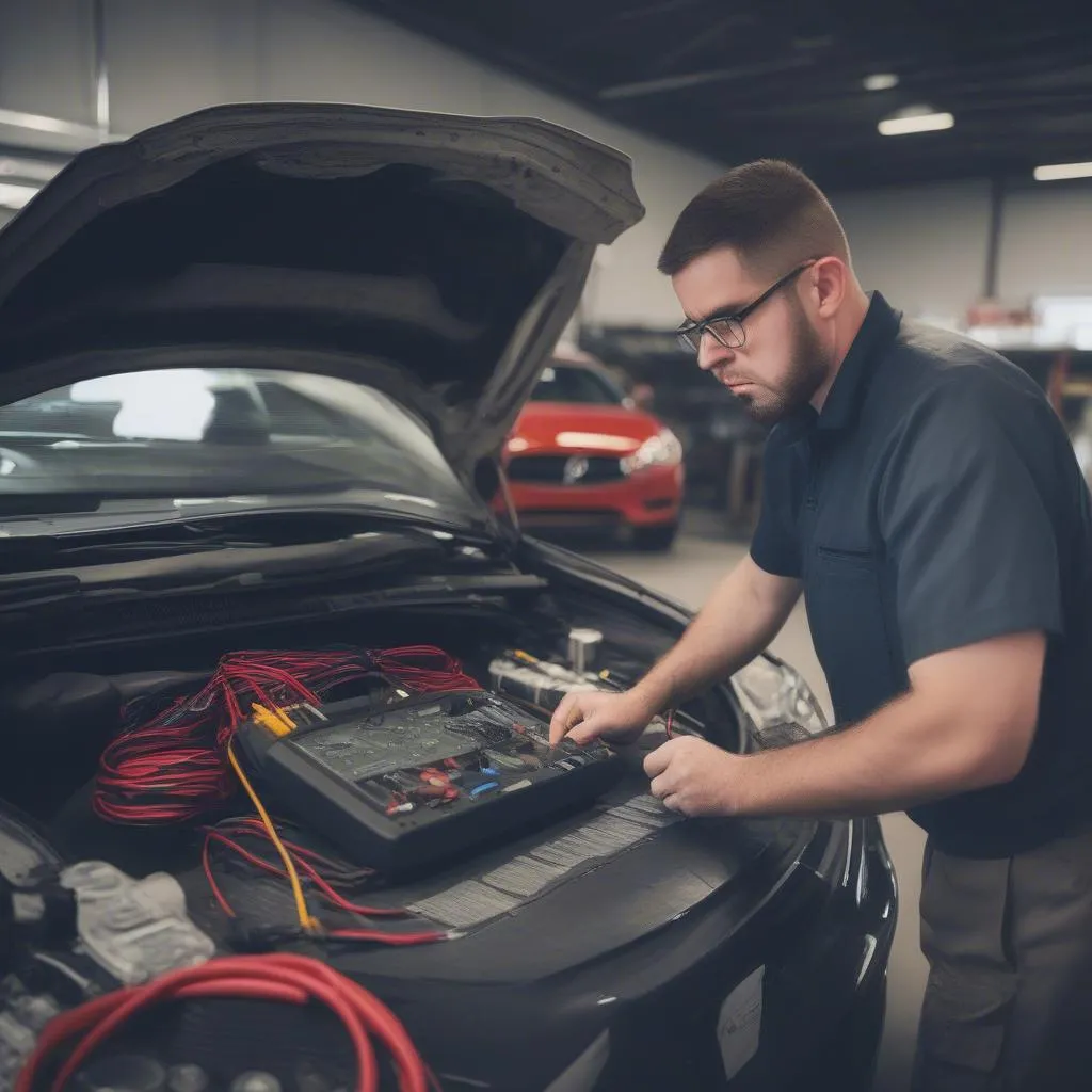 Automotive technician working on a car's electrical system