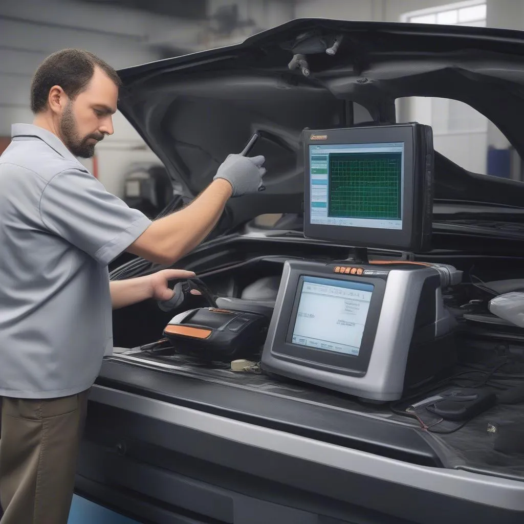 Autoxray scan tool on a mechanic's workbench