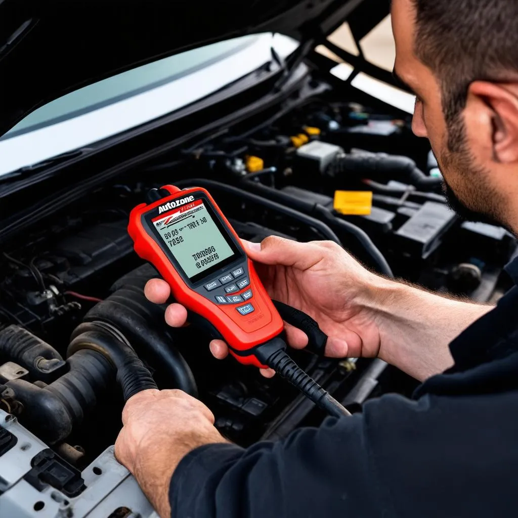 Mechanic using an AutoZone scan tool on a car engine