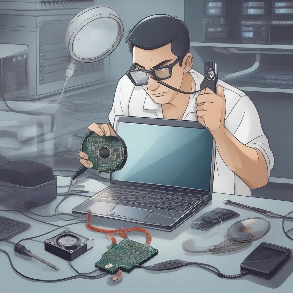 A technician examining a hard drive using a bad sector scan tool