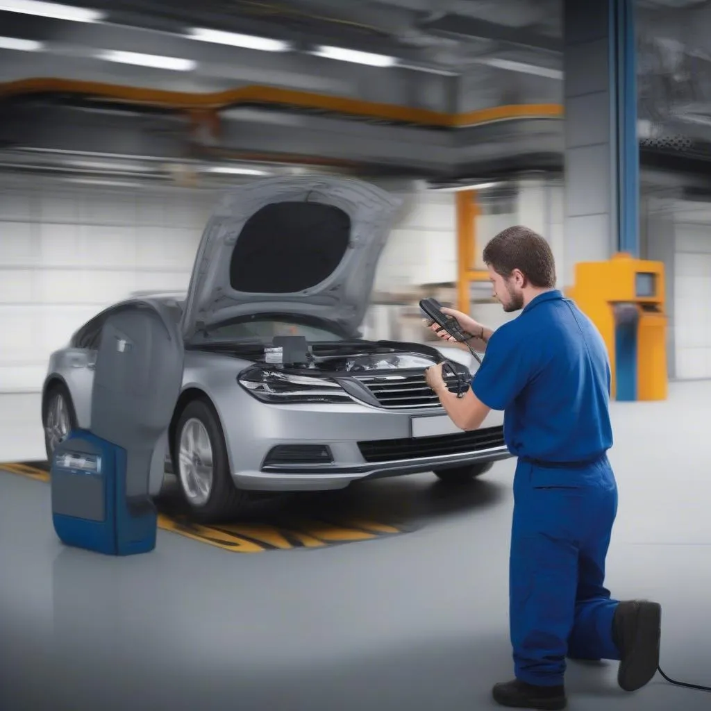 Mechanic using a barcode scanner to identify a car part