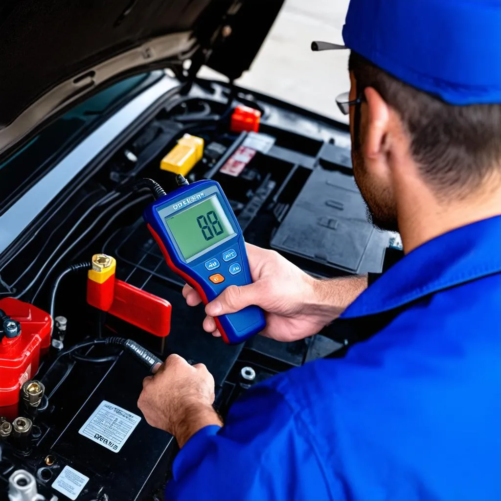 Mechanic using a battery scan tool on a car battery