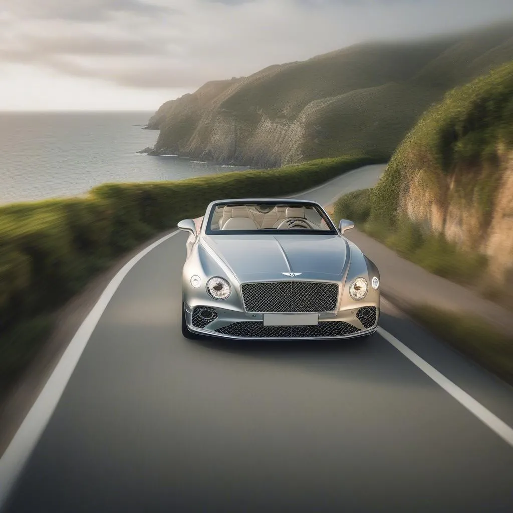 Silver Bentley driving on a coastal road