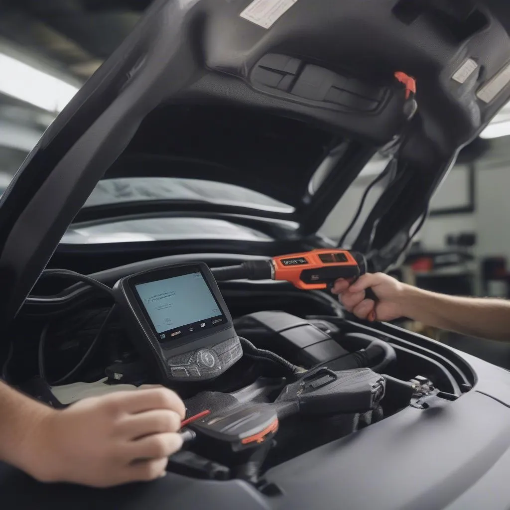 Mercedes mechanic using an OBD2 scanner