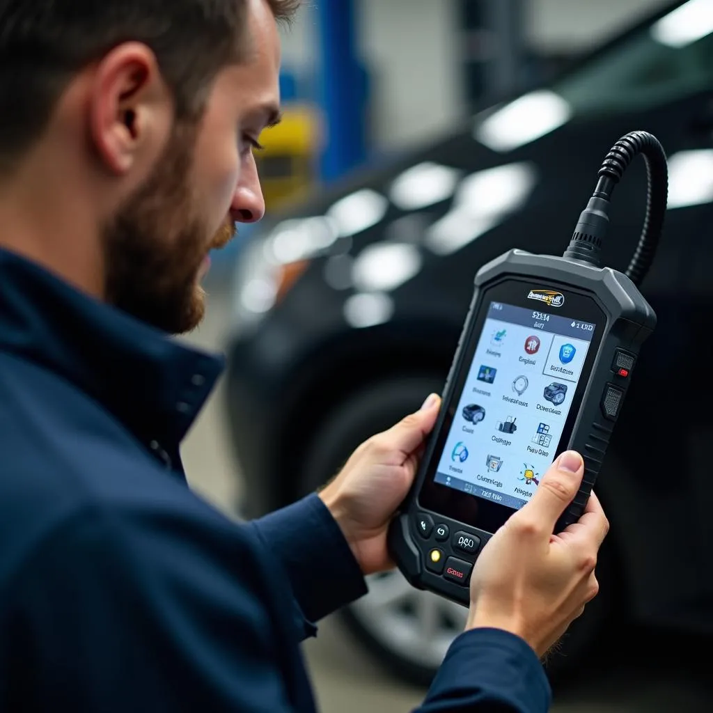 Mechanic working on a car with a scan tool