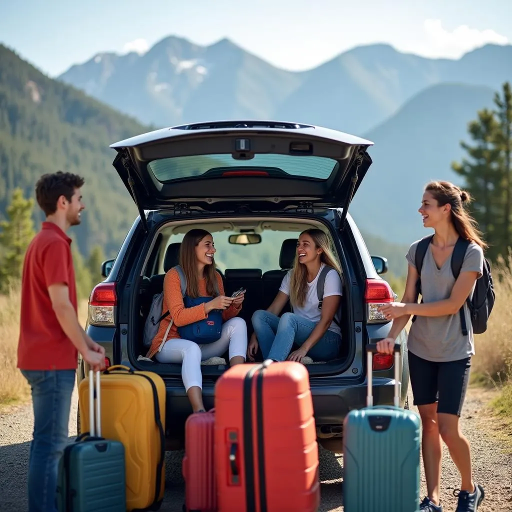 Group of friends loading luggage into a small SUV