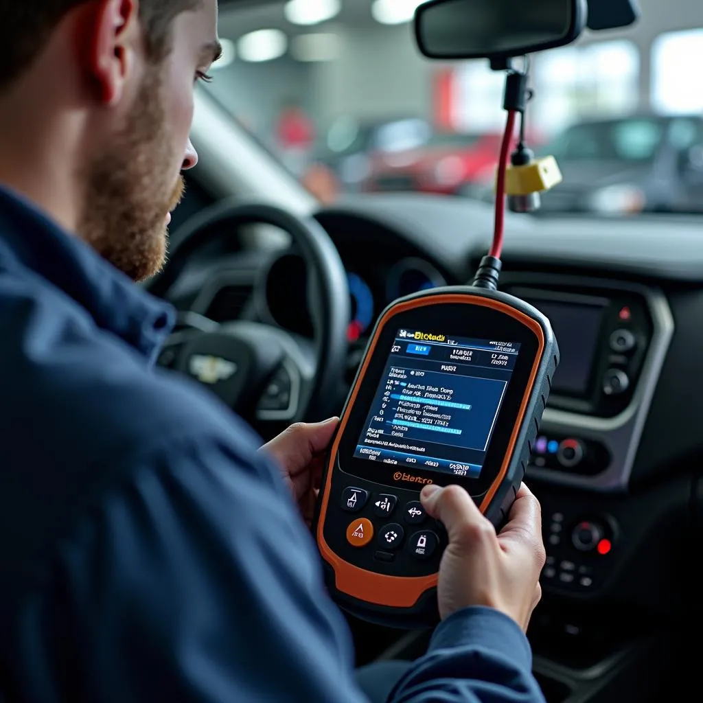 Mechanic using a bi-directional scan tool to diagnose a car