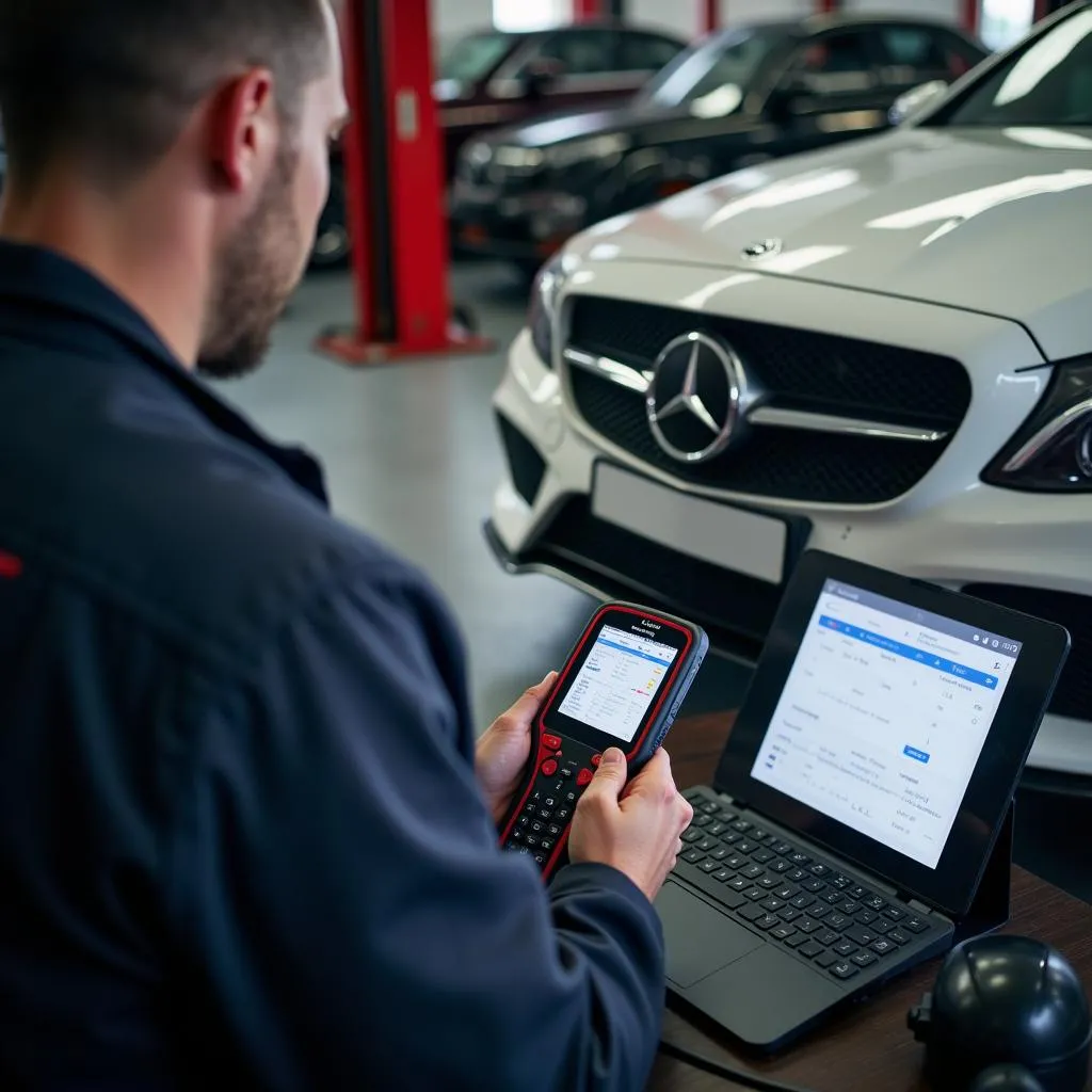 Mechanic using a bluetooth OBDII scan tool on a car