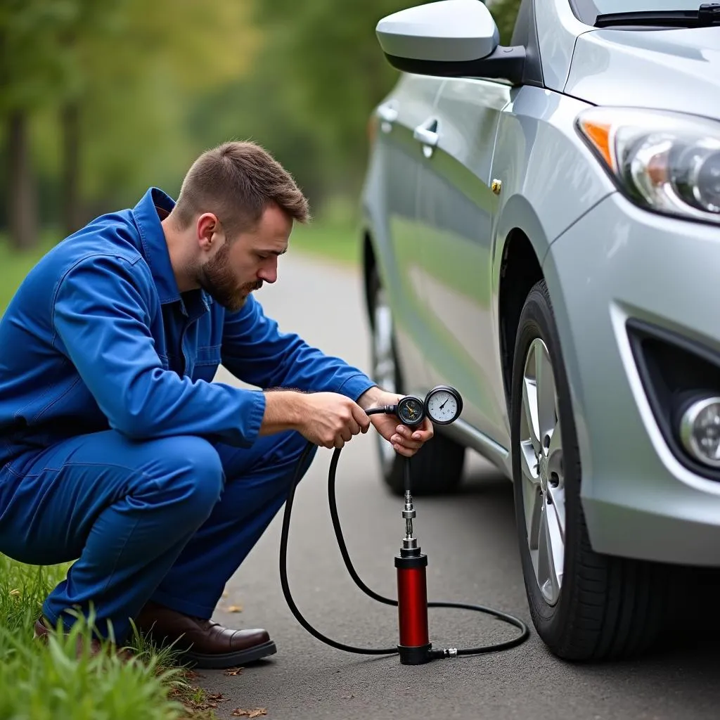 Mechanic Using a Car Tire Inflator