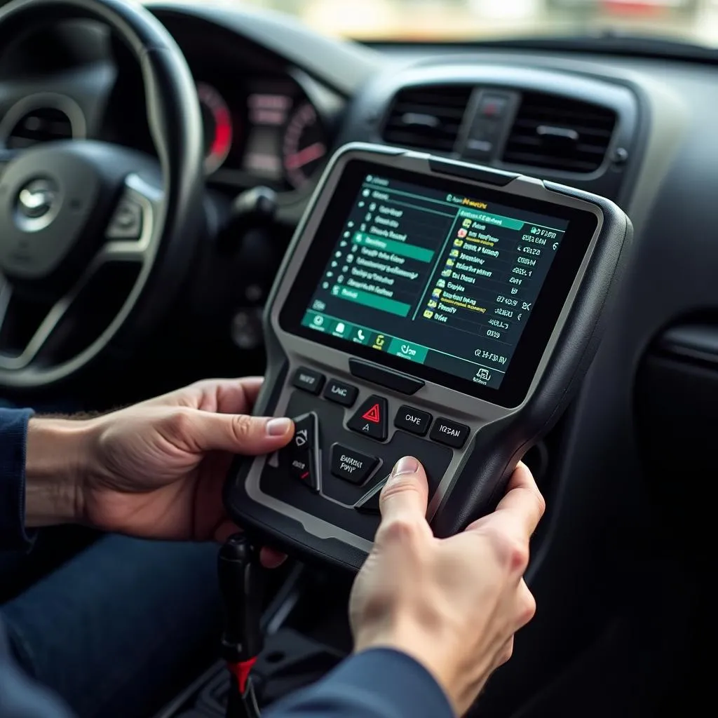 Mechanic using a scan tool to diagnose a car