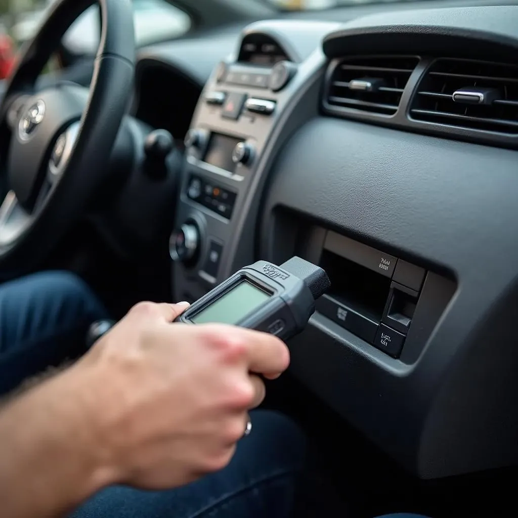 Mechanic using a diagnostic scan tool on a Toyota Prius