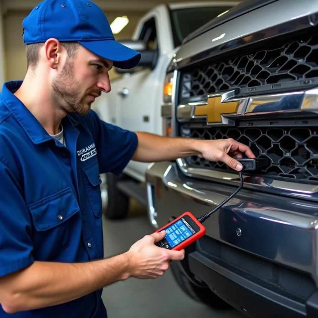 Mechanic using a Duramax scan tool on a truck