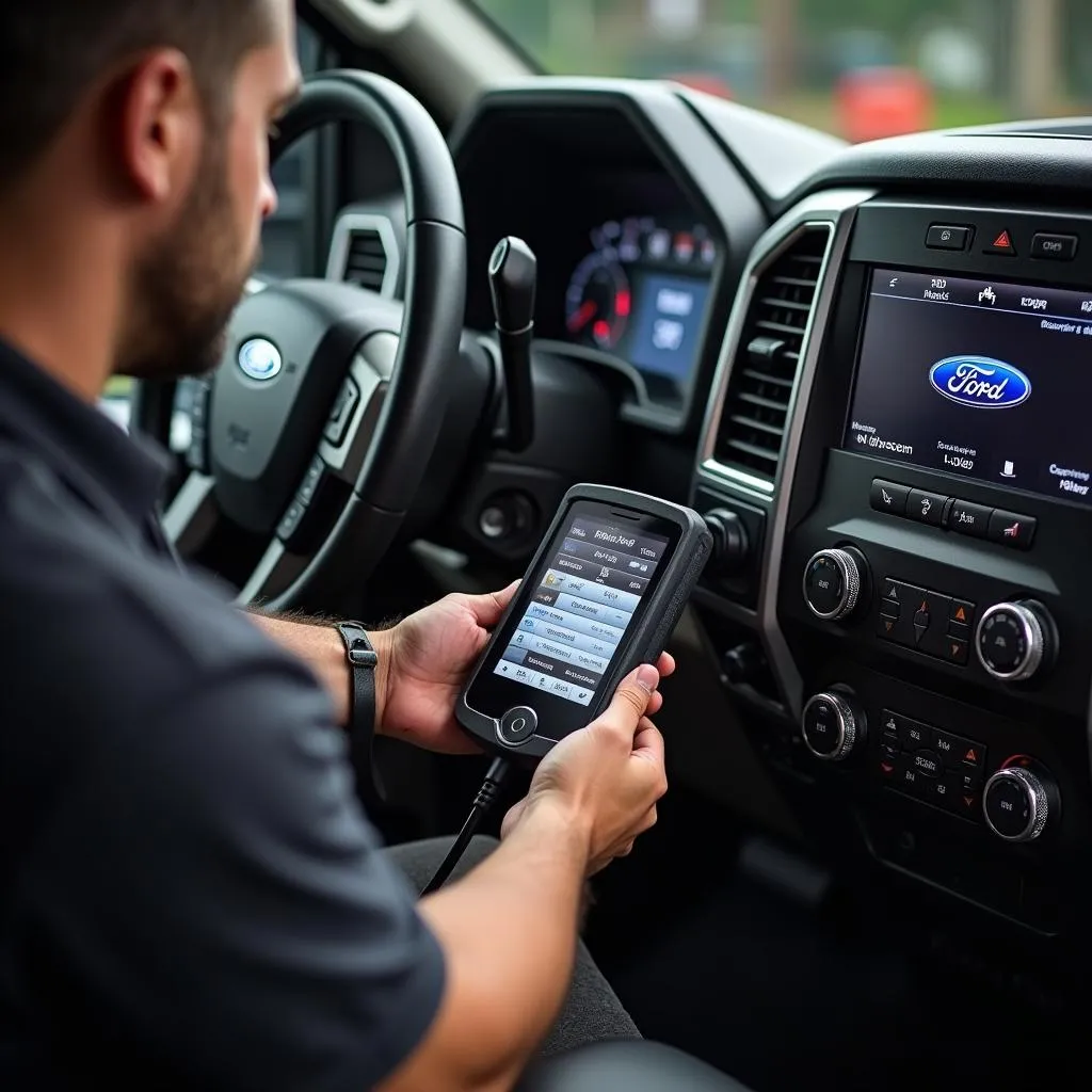 Mechanic using a scan tool on a 6.7 Powerstroke engine