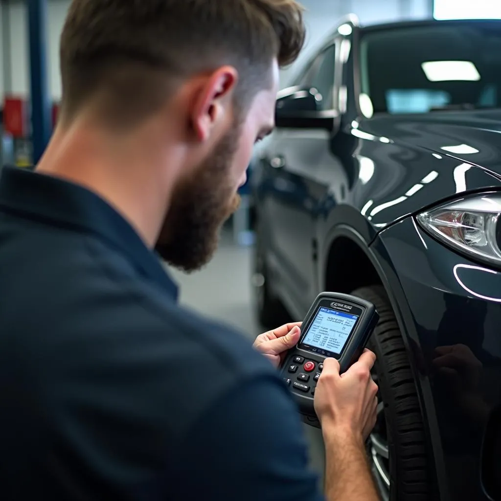 Mechanic using a scan tool for ECU programming