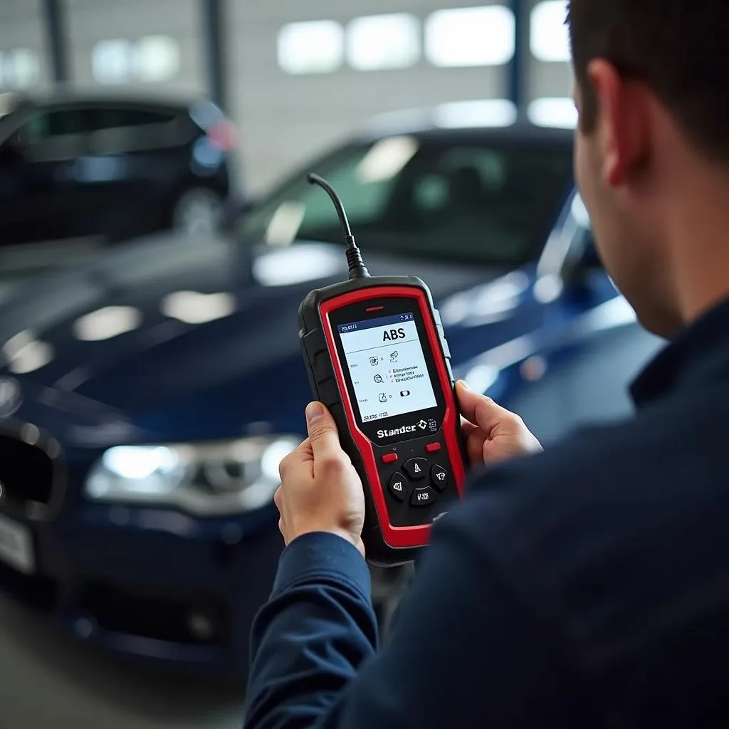 Mechanic using a scan tool for ABS bleeding on a European car