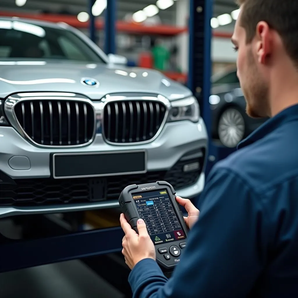 Mechanic using a scan tool on a European car