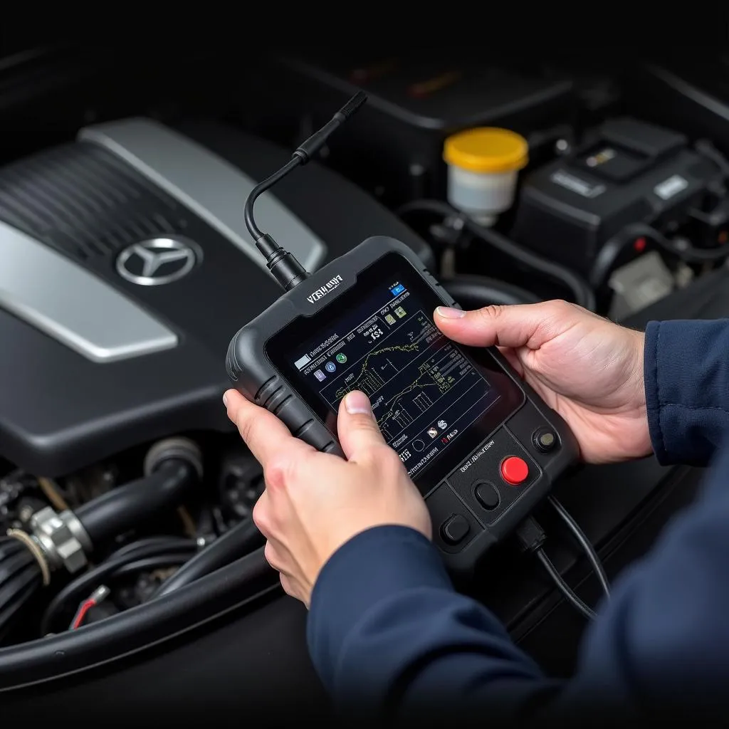 Mechanic using a scan tool on a Mercedes engine