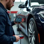 Mechanic using a professional SSH scan tool on a European car in a modern garage.