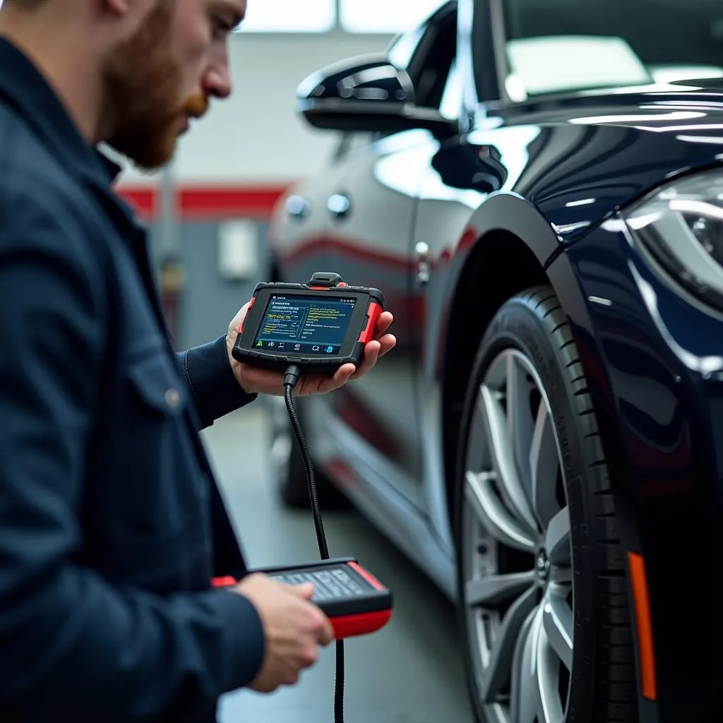 Mechanic using a professional SSH scan tool on a European car in a modern garage.