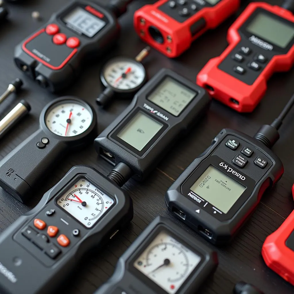 Various TPMS scan tools displayed on a workbench