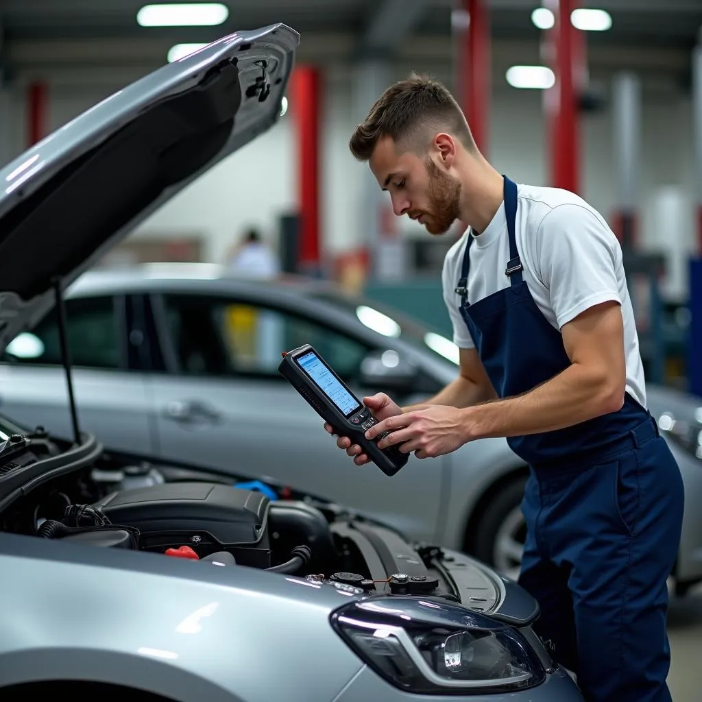 Mechanic using a bi-directional scan tool to diagnose a car's electrical system