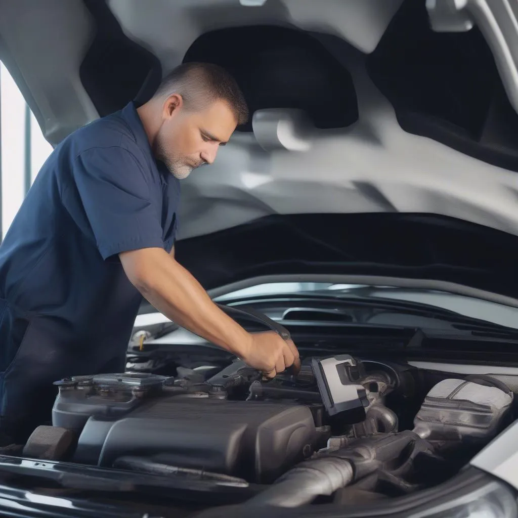 Mechanic using a bi-directional scan tool